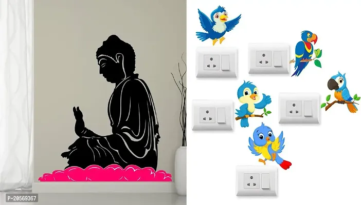 Merical Buddha in Meditation and Twitter Switch Board Wall Sticker for Living Room, Hall, Bedroom (Material: PVC Vinyl)-thumb0