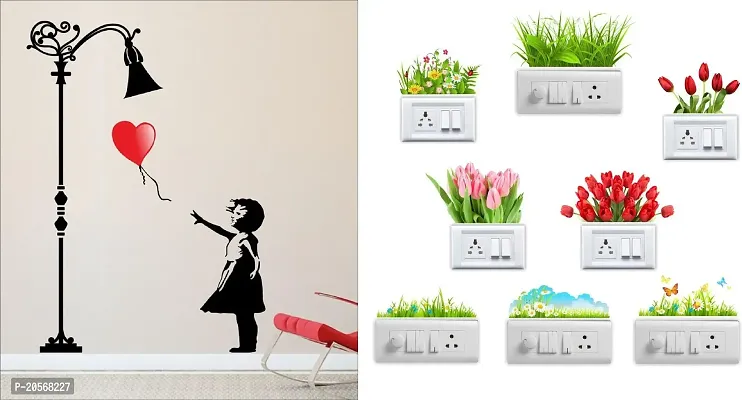 Merical Baloon Girl and Flowers Switch Board Wall Sticker for Living Room, Hall, Bedroom (Material: PVC Vinyl)
