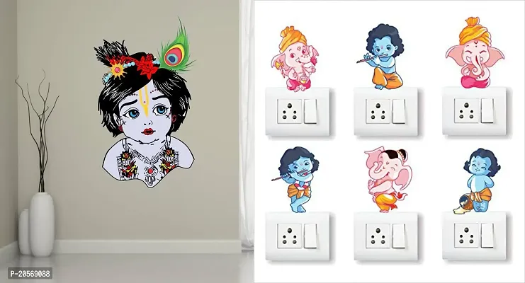 Merical Bal Krishna and Ganesh Switch Board Wall Sticker for Living Room, Hall, Bedroom (Material: PVC Vinyl)-thumb0