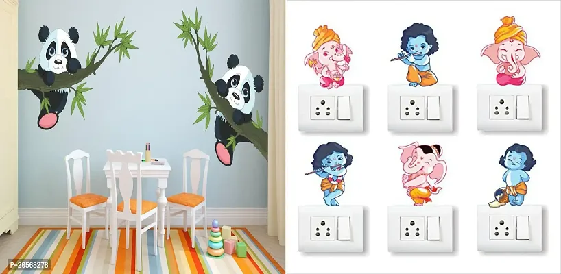 Merical Panda Hanging On A Branch and Ganesh Switch Board Wall Sticker for Living Room, Hall, Bedroom (Material: PVC Vinyl)