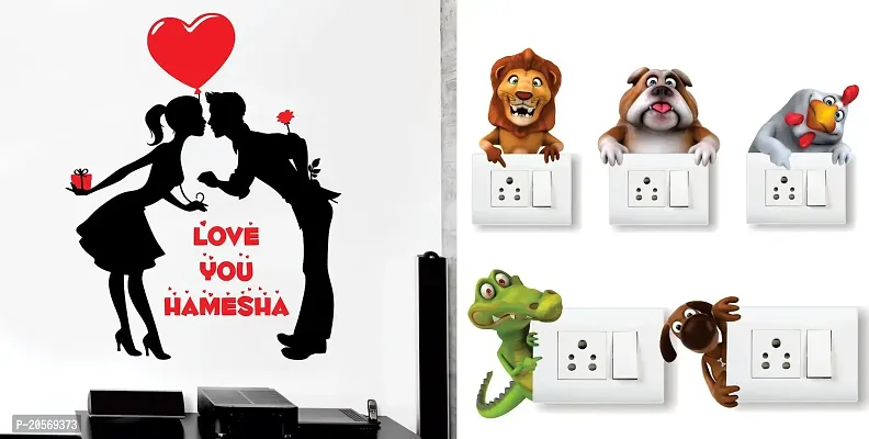 Merical Love You Hamesha and Animals Switch Board Wall Sticker for Living Room, Hall, Bedroom (Material: PVC Vinyl)