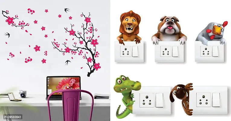Merical Different Tree with Flower and Animals Switch Board Wall Sticker for Living Room, Hall, Bedroom (Material: PVC Vinyl)