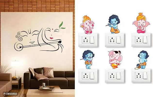 Merical Radhe Krishna with Flute and Ganesh Switch Board Wall Sticker for Living Room, Hall, Bedroom (Material: PVC Vinyl)