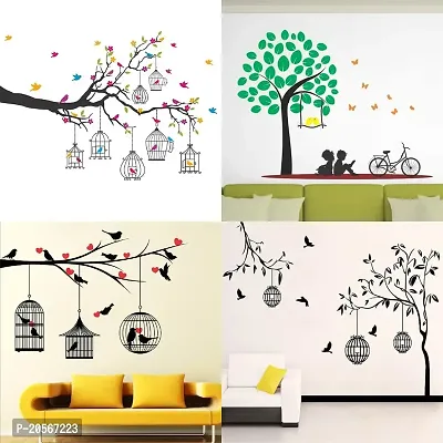 Merical Set of 4 Branches Flowers  BirdCages, Bird case Black, Kids Under Tree, Lovebirds  Hearts Wall Sticker for Wall D?cor, Living Room, Children Room