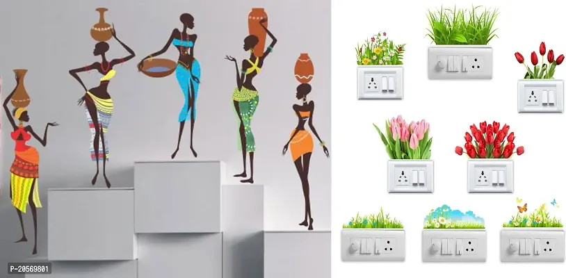Merical African Lady and Flowers Switch Board Wall Sticker for Living Room, Hall, Bedroom (Material: PVC Vinyl)