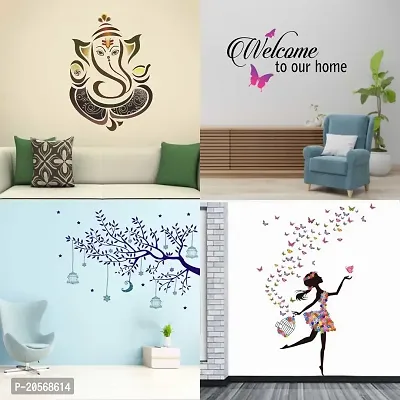 Merical Set of 4 Royal Ganesh, Welcome Home Butterfly, Blue Tree Moon, Dreamy Girl, Wall Sticker for Wall D?cor, Living Room, Children Room