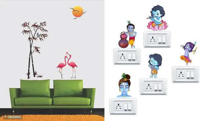 Merical Flamingos and Bamboo and Krishna Switch Board Wall Sticker for Living Room, Hall, Bedroom (Material: PVC Vinyl)