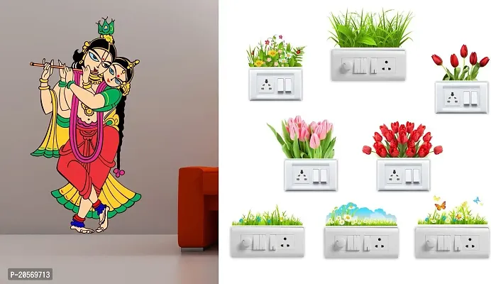 Merical Radhe Krishna and Flowers Switch Board Wall Sticker for Living Room, Hall, Bedroom (Material: PVC Vinyl)