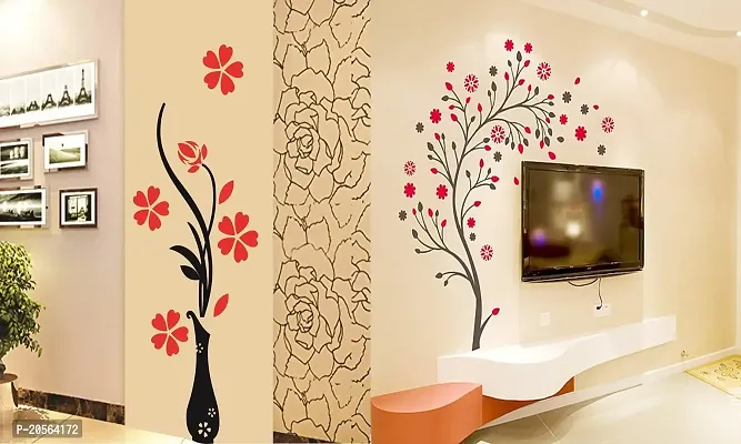 Ghar Kraft Set of 2 Wall Sticker Flower Vase Red and Magical Tree Wall Sticker(Polyvinyl Chloride)