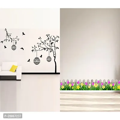 Stylish Combo Of Two Wall Stickers Wooden Wall With Flowers , Free Bird Case Blackwall Decals For Hall, Bedroom -Kitchen