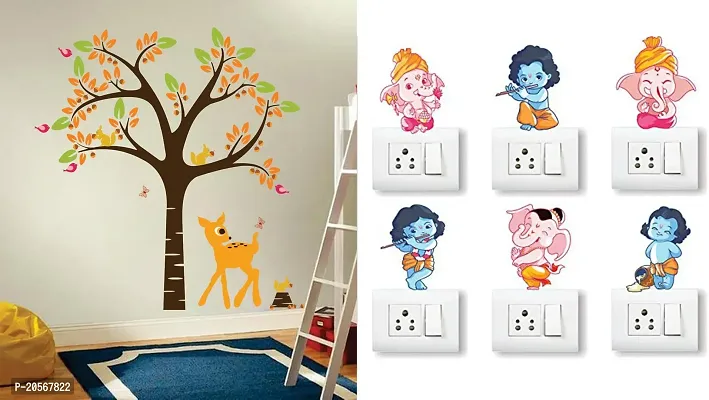 Merical Orange Deer and Tree and Ganesh Switch Board Wall Sticker for Living Room, Hall, Bedroom (Material: PVC Vinyl)