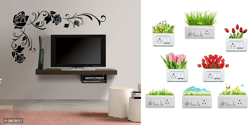 Merical Floral Corner and Flowers Switch Board Wall Sticker for Living Room, Hall, Bedroom (Material: PVC Vinyl)