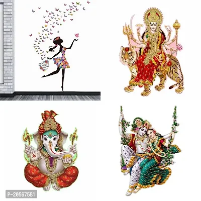 Merical Set of 4 Dreamy Girl, Sherawali Maa, Ekdant, Radhamadhav Jhula Wall Sticker for Wall D?cor, Living Room, Children Room