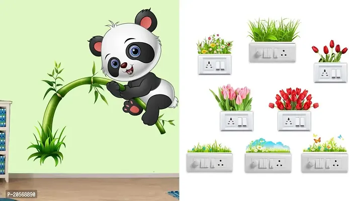 Merical Cute Panda On Tree and Krishna Switch Board Wall Sticker for Living Room, Hall, Bedroom (Material: PVC Vinyl)