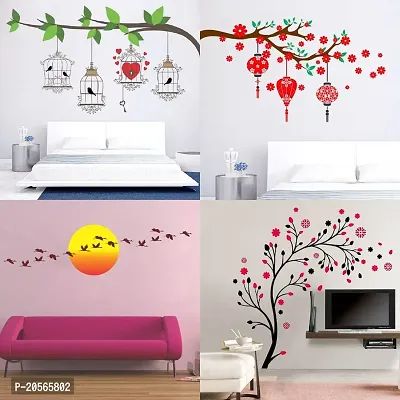 Merical Birdcase Key, Magical Tree, Red Flower  Lantern, Sunrise  Flying Bird Wall Stickers for Living Room, Hall, Wall D?cor (Material: PVC Vinyl)
