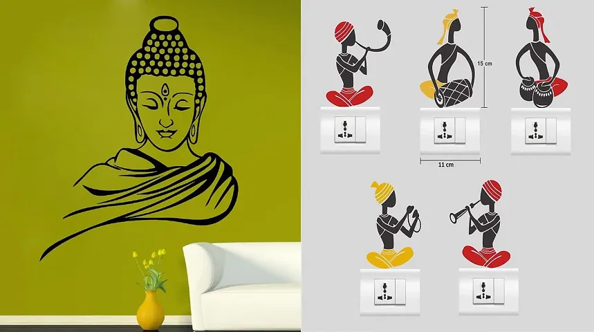 Merical Buddha in Meditation and Krishna Switch Board Wall Sticker for Living Room, Hall, Bedroom (Material: PVC Vinyl)