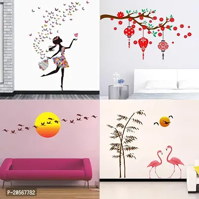 Merical Set of 4 Dreamy Girl, Red Flower  Lantern, Sunrise  Flying Bird, Sunset swan Love, Wall Sticker for Wall D?cor, Living Room, Children Room