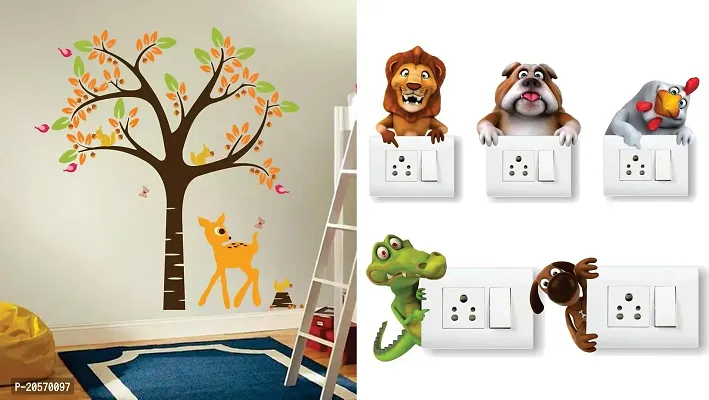 Merical Orange Deer and Tree and Animals Switch Board Wall Sticker for Living Room, Hall, Bedroom (Material: PVC Vinyl)