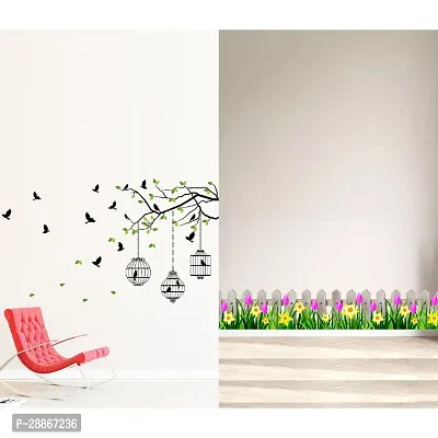 Stylish Combo Of Two Wall Stickers Wooden Wall With Flowers , Flying Birds With Casewall Decals For Hall, Bedroom -Kitchen