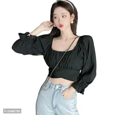 Women's Casual Slim Fit Crop Tops Tunic Tops Long Sleeve Blouses Summer/Spring Rib Pleated Cotton Blend Crop Top