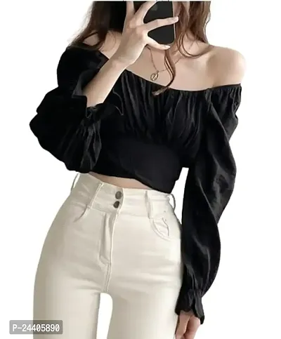 Women's Cotton Blend Delta Slim Fit Crop Tops Tunic Tops Puff Sleeve Blouses Summer Rib Pleated Crop Top