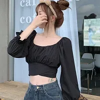 Women's Casual Slim Fit Crop Tops Tunic Tops Long Sleeve Blouses Summer/Spring Rib Pleated Cotton Blend Crop Top-thumb2