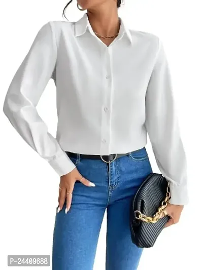 Women Girls Plain Cotton Blend Shirt Fancy Women Formal Shirts for Women Stylish Western Plain Shirts for Women Office Wear Plain Cotton Blend Shirts for Women [Crepe Shirt](X-Large, White)-thumb0