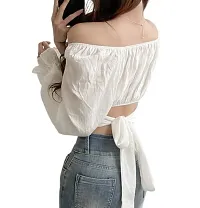 Women's Cotton Blend Delta Slim Fit Crop Tops Tunic Tops Puff Sleeve Blouses Summer Rib Pleated Crop Top-thumb1