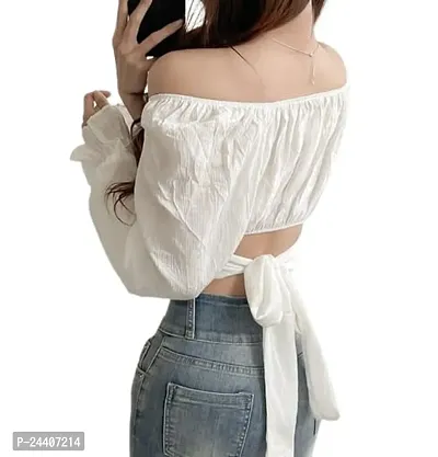 Women's Cotton Blend Delta Slim Fit Crop Tops Tunic Tops Puff Sleeve Blouses Summer Rib Pleated Crop Top-thumb2