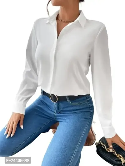 Women Girls Plain Cotton Blend Shirt Fancy Women Formal Shirts for Women Stylish Western Plain Shirts for Women Office Wear Plain Cotton Blend Shirts for Women [Crepe Shirt](X-Large, White)-thumb2