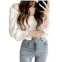 Women's Cotton Blend Delta Slim Fit Crop Tops Tunic Tops Puff Sleeve Blouses Summer Rib Pleated Crop Top-thumb2