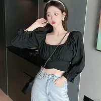 Women's Casual Slim Fit Crop Tops Tunic Tops Long Sleeve Blouses Summer/Spring Rib Pleated Cotton Blend Crop Top-thumb3