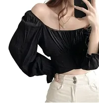 Women's Cotton Blend Delta Slim Fit Crop Tops Tunic Tops Puff Sleeve Blouses Summer Rib Pleated Crop Top-thumb1