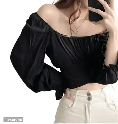 Women's Cotton Blend Delta Slim Fit Crop Tops Tunic Tops Puff Sleeve Blouses Summer Rib Pleated Crop Top-thumb2