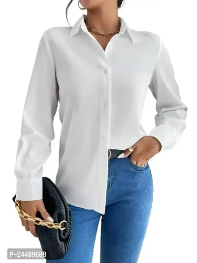 Women Girls Plain Cotton Blend Shirt Fancy Women Formal Shirts for Women Stylish Western Plain Shirts for Women Office Wear Plain Cotton Blend Shirts for Women [Crepe Shirt](X-Large, White)-thumb3