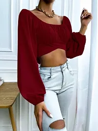 Stylish Roched Knot Black Crop Blouse Tops-thumb2