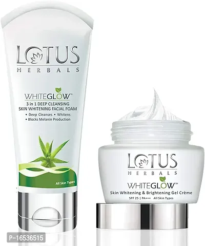 Lotus Herbals Whiteglow Skin Whitening And Brightening Gel Cream | SPF 25 | 60g And Lotus Herbals Whiteglow 3-In-1 Deep Cleansing Skin Whitening Facial Foam, 100g