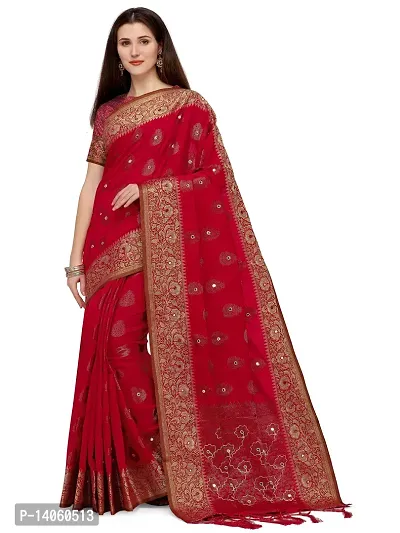 Banarasi Silk Cherry Red Zari Weaved Broad Border Saree|SARV156412