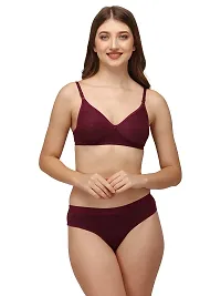 Snallparts Bra and Panty Set Plain Cotton for Women and Girls Lingerie Set for Comfortable Fit (34, Maroon-Skin-Pink)-thumb1