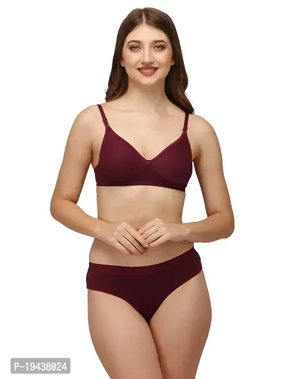 Snallparts Bra and Panty Set Plain Cotton for Women and Girls Lingerie Set for Comfortable Fit (34, Maroon-Skin-Pink)-thumb2