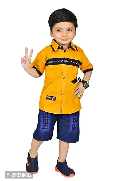 S R Fashion Boys Pure Cotton Fabric Stylish Formal Designing Shirt and Solid Pure Denim Pant (4-5 Years, Yellow)