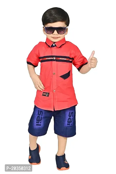 S R Fashion Boys Pure Cotton Fabric Stylish Formal Designing Shirt and Solid Pure Denim Pant (3-4 Years, Red)