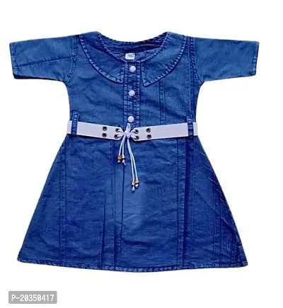 S R Fashion Girls Denim Fabric Flared Design A-Line Half-Sleeve Midi-Kid Knee Length Frock (7-8 Years)-thumb0