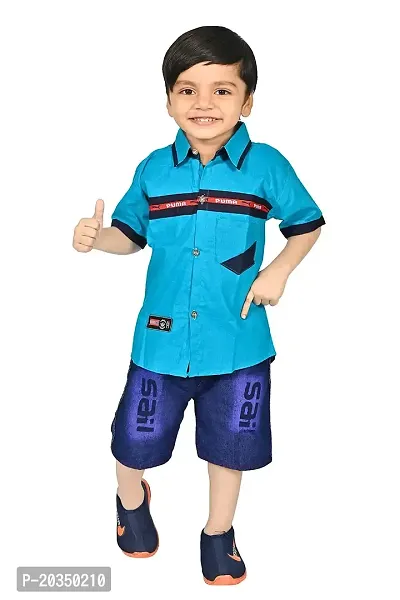 S R Fashion Boys Pure Cotton Fabric Stylish Formal Designing Shirt and Solid Pure Denim Pant (4-5 Years, Light Blue)-thumb0