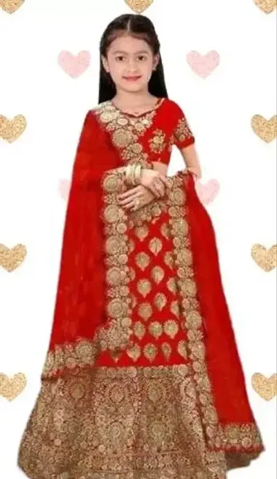 Girls Taffeta Satin Semi-stitched Lehenga Choli with Net Dupatta