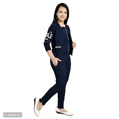 Girls Cotton Lycra Maxi Dress Two Pieces Navy Blue Jacket and Bottom Set-thumb3