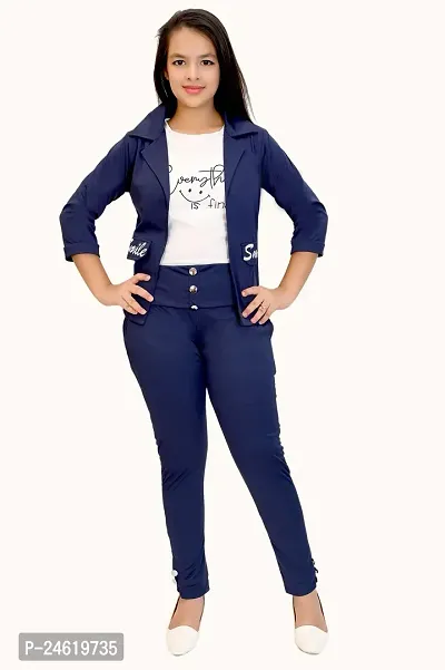 Girls Three Pieces Navy Blue Jacket and Bottom Set-thumb0