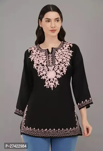 Woman's Embroidery Rayon Black Kurtis Pink Embroidery White Top-thumb0