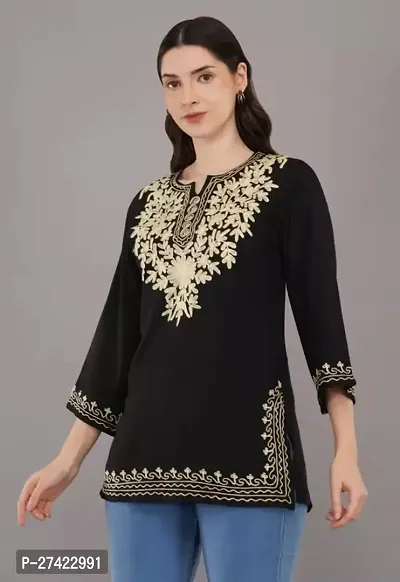 Woman's Embroidery Rayon Black Kurtis Gold Embroidery White Top-thumb0