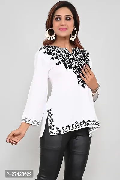 Woman's Embroidery Rayon White Kurtis Black Embroidery White Top-thumb2